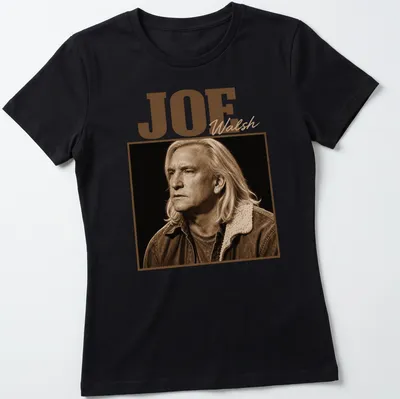 Vintage sepia portrait of Joe Walsh with his name in script — printed on a women's shirt
