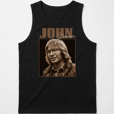 Vintage portrait of John Denver in brown and beige on a black — printed on a tank top