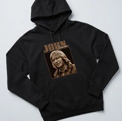Vintage portrait of John Denver in brown and beige on a black — printed on a unisex hoodie