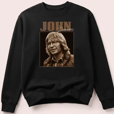 Vintage portrait of John Denver in brown and beige on a black — printed on a unisex sweatshirt