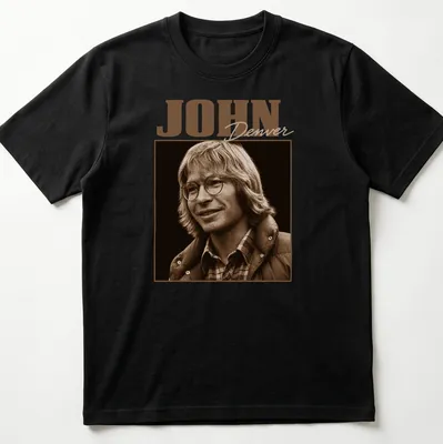 Vintage portrait of John Denver in brown and beige on a black shirt