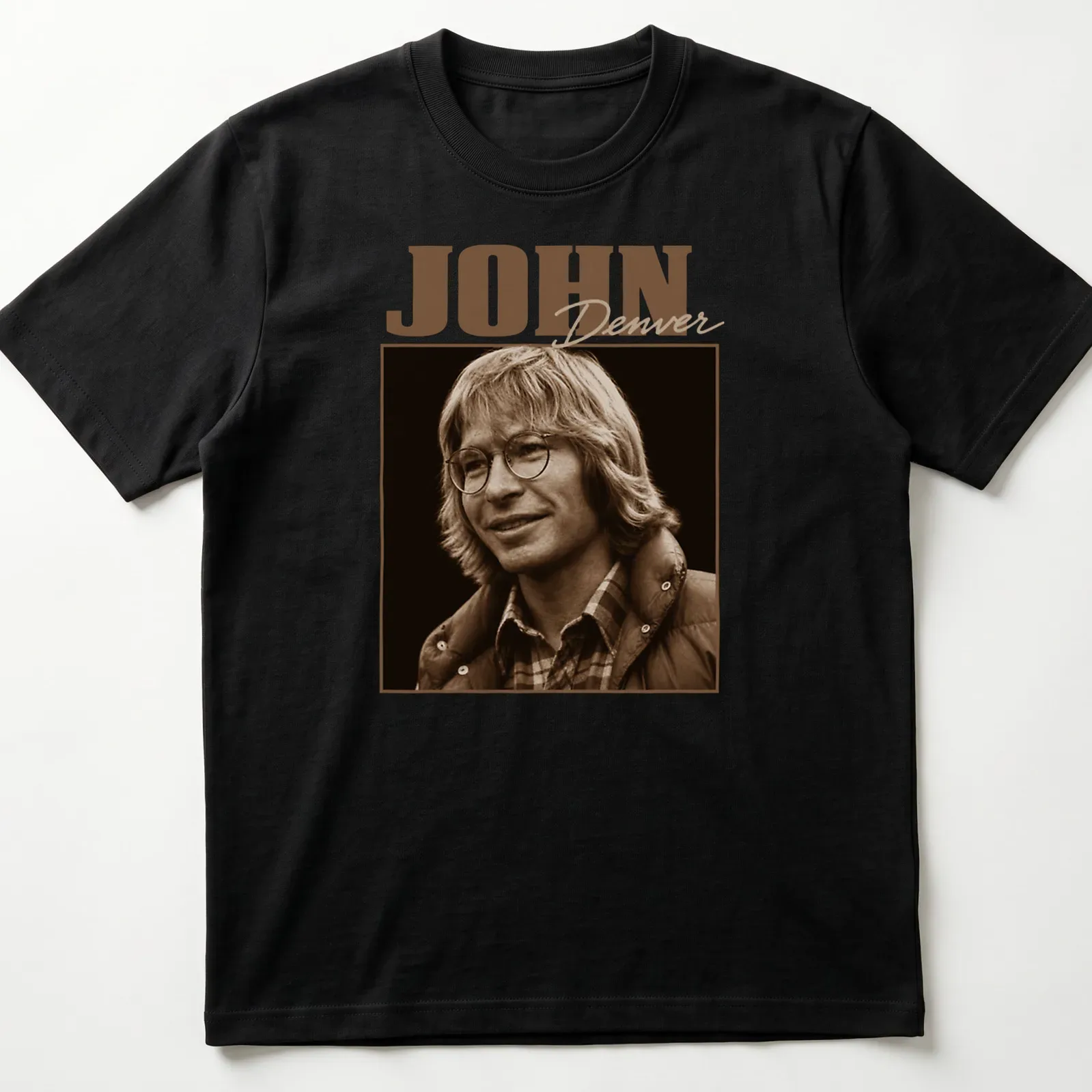 Vintage portrait of John Denver in brown and beige on a black — printed on a unisex t-shirt