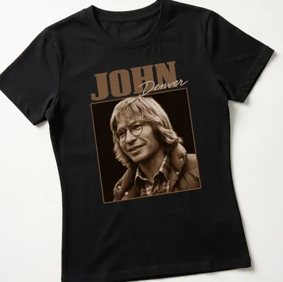 Vintage portrait of John Denver in brown and beige on a black — printed on a women's shirt