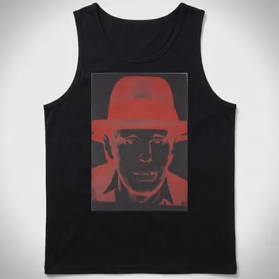 Pop art portrait of Joseph Beuys in red, black, and white — printed on a tank top