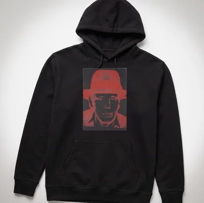 Pop art portrait of Joseph Beuys in red, black, and white — printed on a unisex hoodie