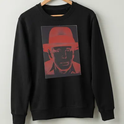 Pop art portrait of Joseph Beuys in red, black, and white — printed on a unisex sweatshirt