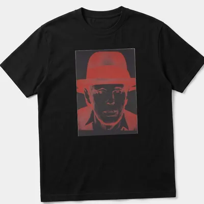 Pop art portrait of Joseph Beuys in red, black, and white