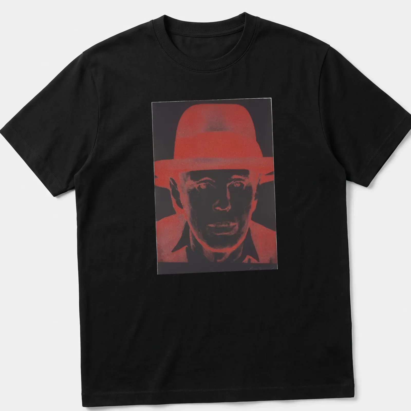 Pop art portrait of Joseph Beuys in red, black, and white — printed on a unisex t-shirt