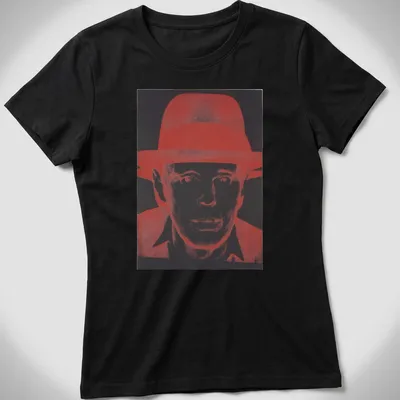 Pop art portrait of Joseph Beuys in red, black, and white — printed on a women's shirt