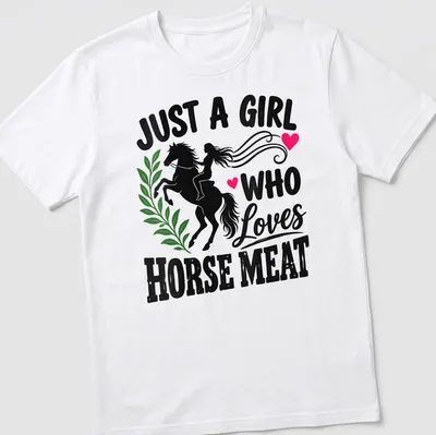 Bold typography t-shirt with a horse rider graphic and playful text