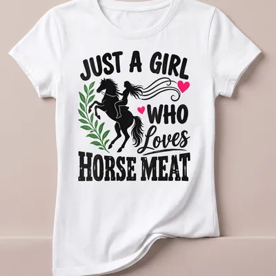 Bold typography t-shirt with a horse rider graphic and playful text — printed on a women's shirt