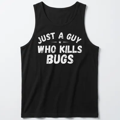 Bold typography shirt proclaiming 'Just A Guy Who Kills Bugs' — printed on a tank top