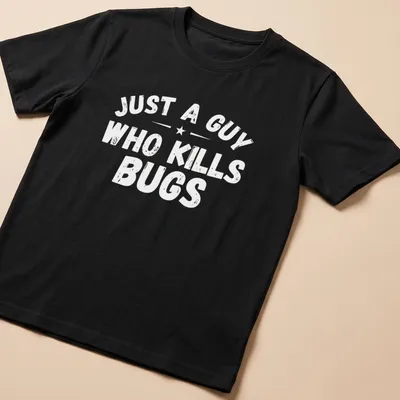Bold typography shirt proclaiming 'Just A Guy Who Kills Bugs'