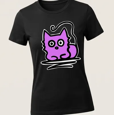 Kawaii line-art of a lavender kitty with the text 'Just Chillin' above. — printed on a women's shirt