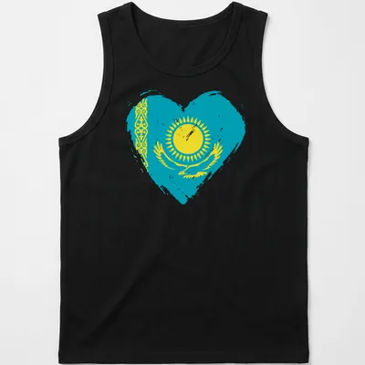 Distressed print of Kazakhstan flag in a heart shape on turquoise background — printed on a tank top