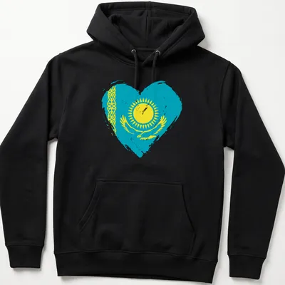 Distressed print of Kazakhstan flag in a heart shape on turquoise background — printed on a unisex hoodie