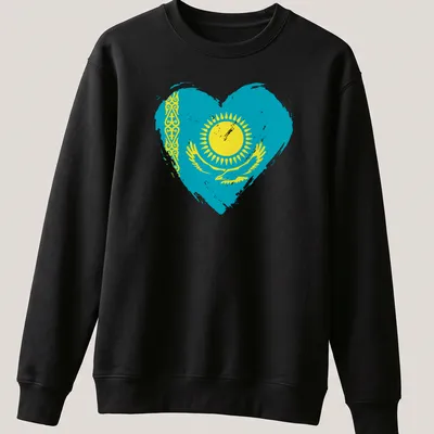 Distressed print of Kazakhstan flag in a heart shape on turquoise background — printed on a unisex sweatshirt