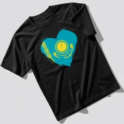 Distressed print of Kazakhstan flag in a heart shape on turquoise background