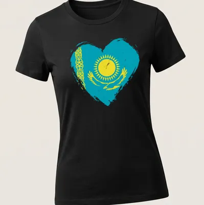 Distressed print of Kazakhstan flag in a heart shape on turquoise background — printed on a women's shirt