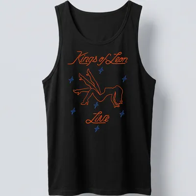 Neon line-art of a stripper silhouette with Kings of Leon Live text in orange, blue, and white. — printed on a tank top