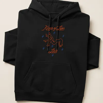 Neon line-art of a stripper silhouette with Kings of Leon Live text in orange, blue, and white. — printed on a unisex hoodie