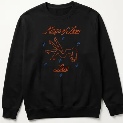 Neon line-art of a stripper silhouette with Kings of Leon Live text in orange, blue, and white. — printed on a unisex sweatshirt
