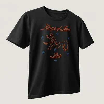 Neon line-art of a stripper silhouette with Kings of Leon Live text in orange, blue, and white. — printed on a unisex t-shirt (angled view)