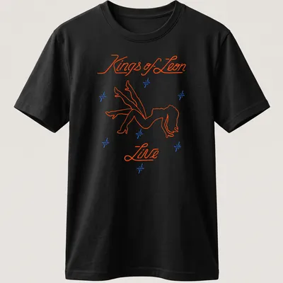 Neon line-art of a stripper silhouette with Kings of Leon Live text in orange, blue, and white.