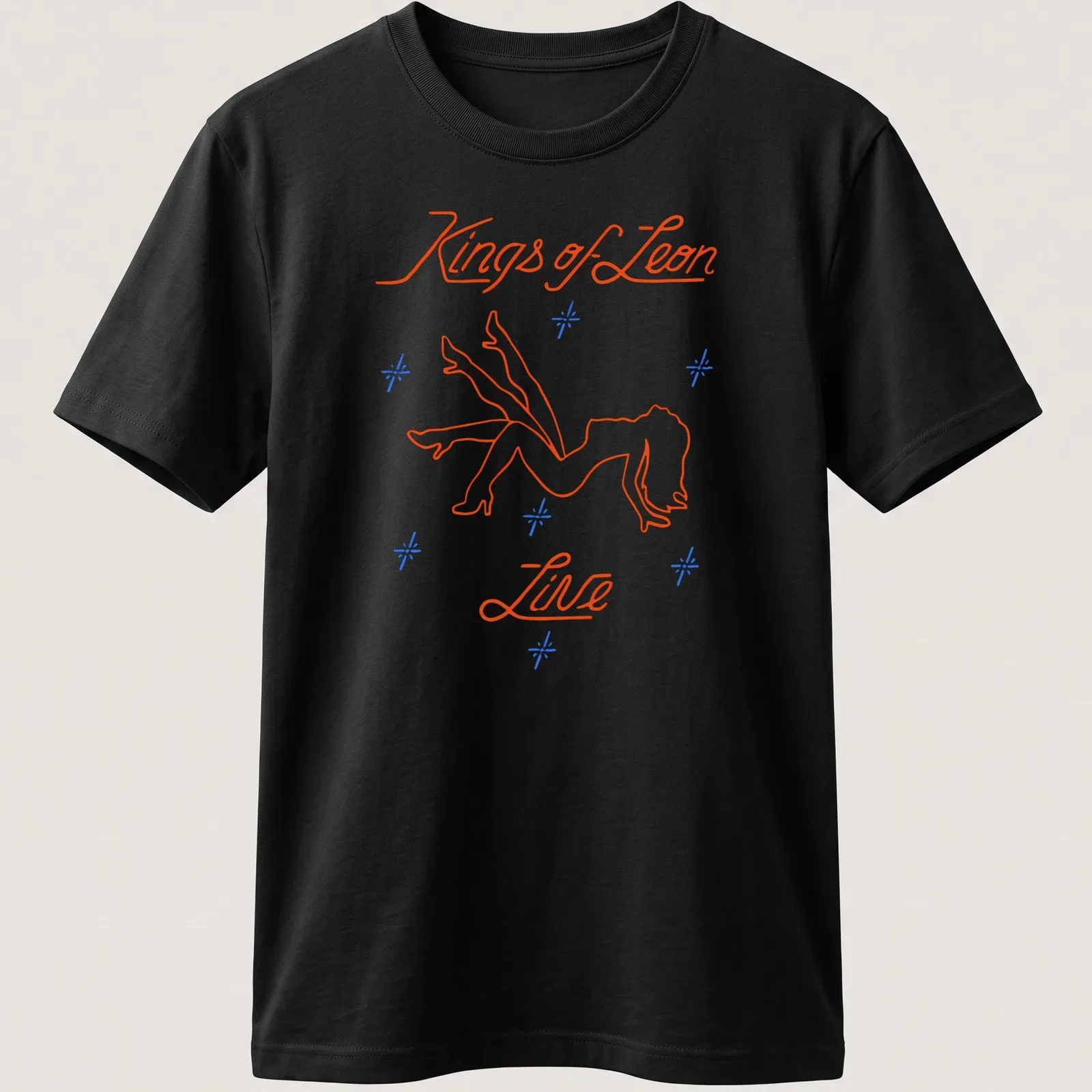 Neon line-art of a stripper silhouette with Kings of Leon Live text in orange, blue, and white. — printed on a unisex t-shirt