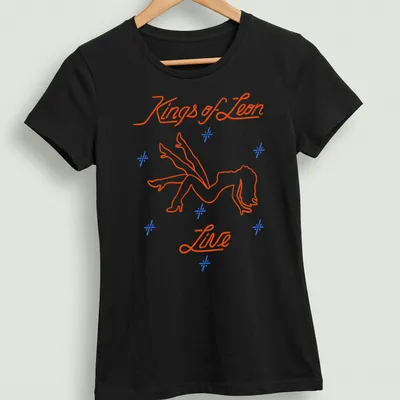 Neon line-art of a stripper silhouette with Kings of Leon Live text in orange, blue, and white. — printed on a women's shirt