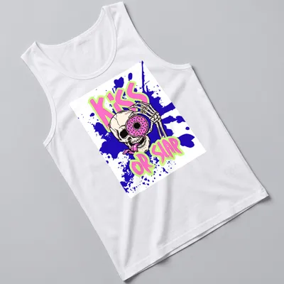 Skeleton humor graphic with donut and 'Kiss or Slap' text — printed on a tank top
