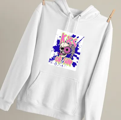 Skeleton humor graphic with donut and 'Kiss or Slap' text — printed on a unisex hoodie