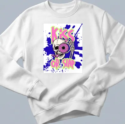 Skeleton humor graphic with donut and 'Kiss or Slap' text — printed on a unisex sweatshirt