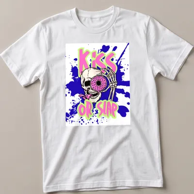 Skeleton humor graphic with donut and 'Kiss or Slap' text — printed on a unisex t-shirt