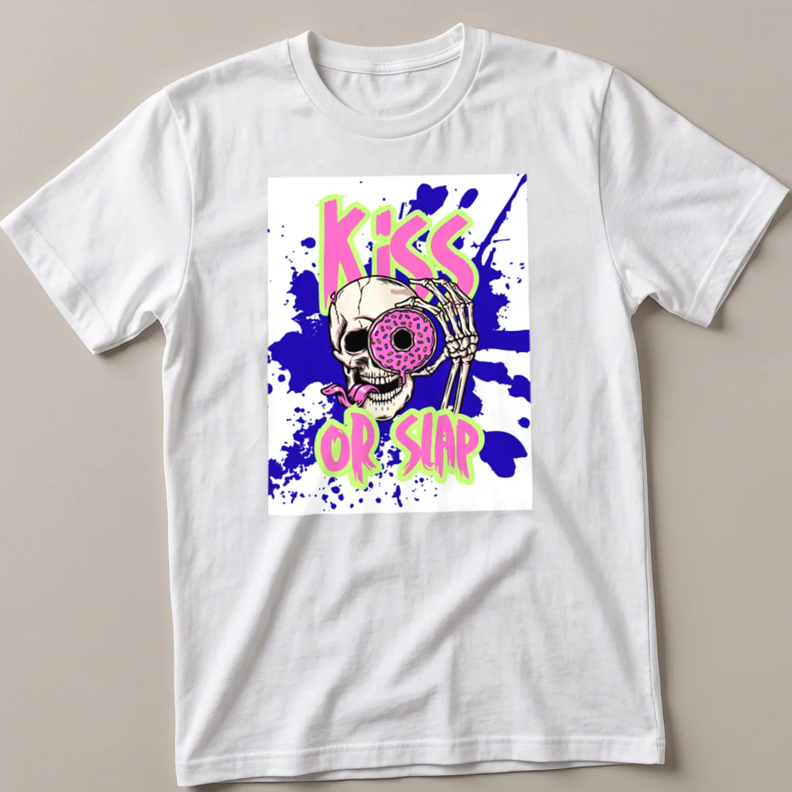Skeleton humor graphic with donut and 'Kiss or Slap' text — printed on a unisex t-shirt