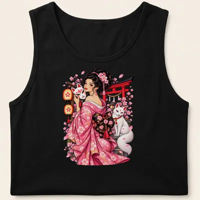 Anime style graphic of a girl with a fox mask and fox, surrounded by cherry blossoms — printed on a tank top