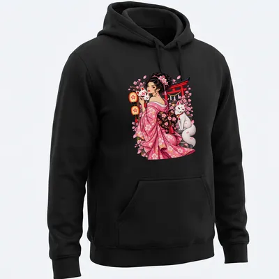 Anime style graphic of a girl with a fox mask and fox, surrounded by cherry blossoms — printed on a unisex hoodie
