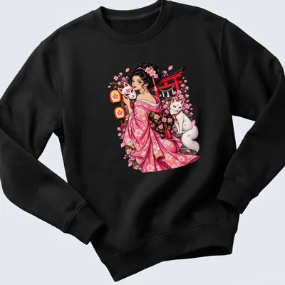 Anime style graphic of a girl with a fox mask and fox, surrounded by cherry blossoms — printed on a unisex sweatshirt