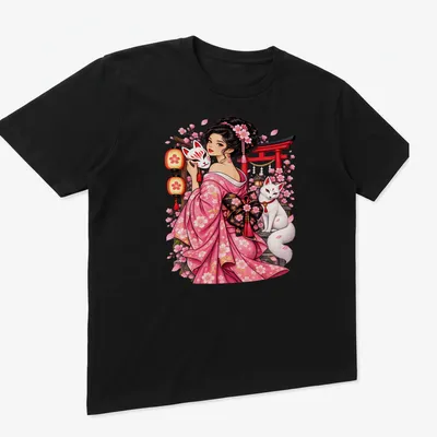 Anime style graphic of a girl with a fox mask and fox, surrounded by cherry blossoms — printed on a unisex t-shirt (angled view)