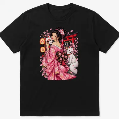Anime style graphic of a girl with a fox mask and fox, surrounded by cherry blossoms