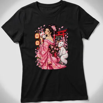 Anime style graphic of a girl with a fox mask and fox, surrounded by cherry blossoms — printed on a women's shirt