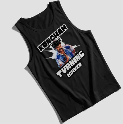 Digital illustration of a confident man with a mustache and humorous text. — printed on a tank top