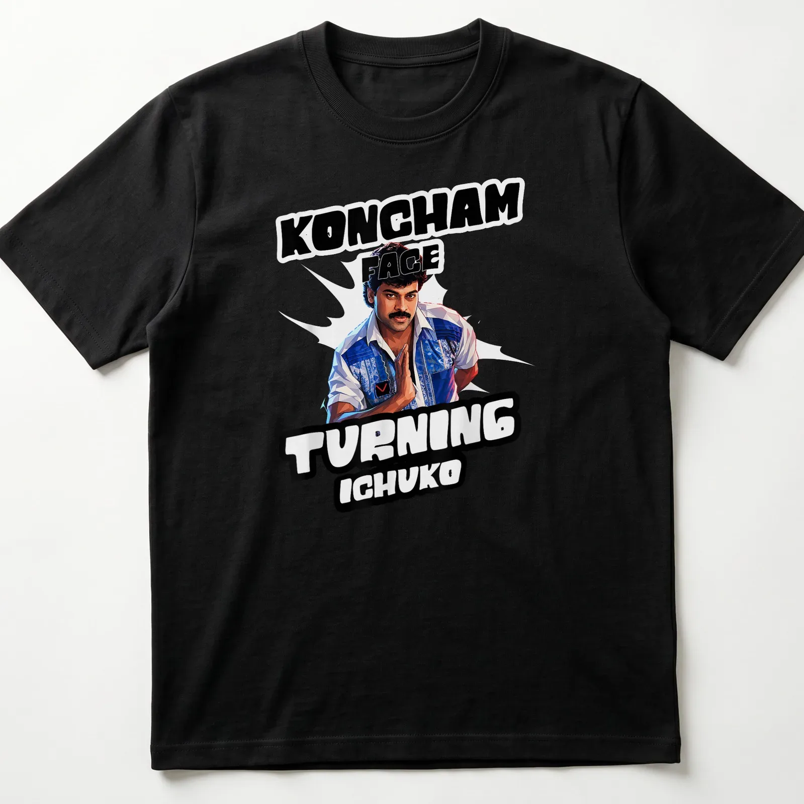 Digital illustration of a confident man with a mustache and humorous text. — printed on a unisex t-shirt