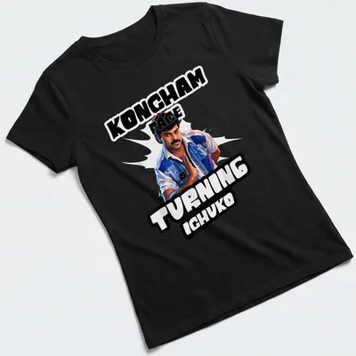 Digital illustration of a confident man with a mustache and humorous text. — printed on a women's shirt