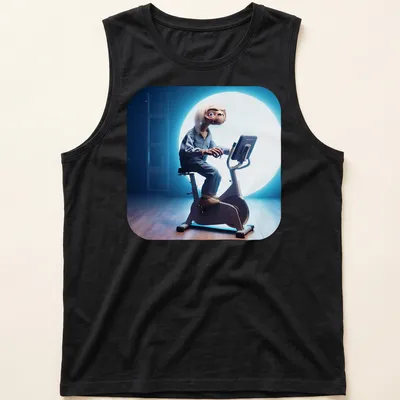 Realistic illustration of an alien on an exercise bike with the text Kosmita Na Rehabilitacji — printed on a tank top