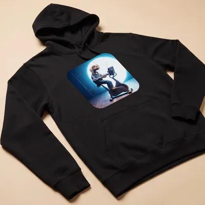 Realistic illustration of an alien on an exercise bike with the text Kosmita Na Rehabilitacji — printed on a unisex hoodie