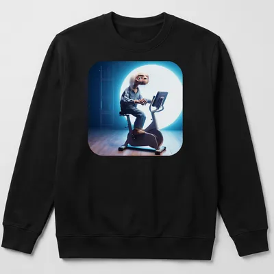 Realistic illustration of an alien on an exercise bike with the text Kosmita Na Rehabilitacji — printed on a unisex sweatshirt