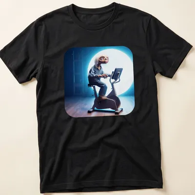 Realistic illustration of an alien on an exercise bike with the text Kosmita Na Rehabilitacji — printed on a unisex t-shirt