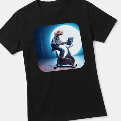 Realistic illustration of an alien on an exercise bike with the text Kosmita Na Rehabilitacji — printed on a women's shirt