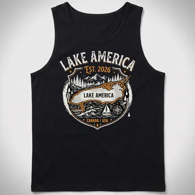Vintage badge Lake America t-shirt featuring black and orange text and imagery. — printed on a tank top